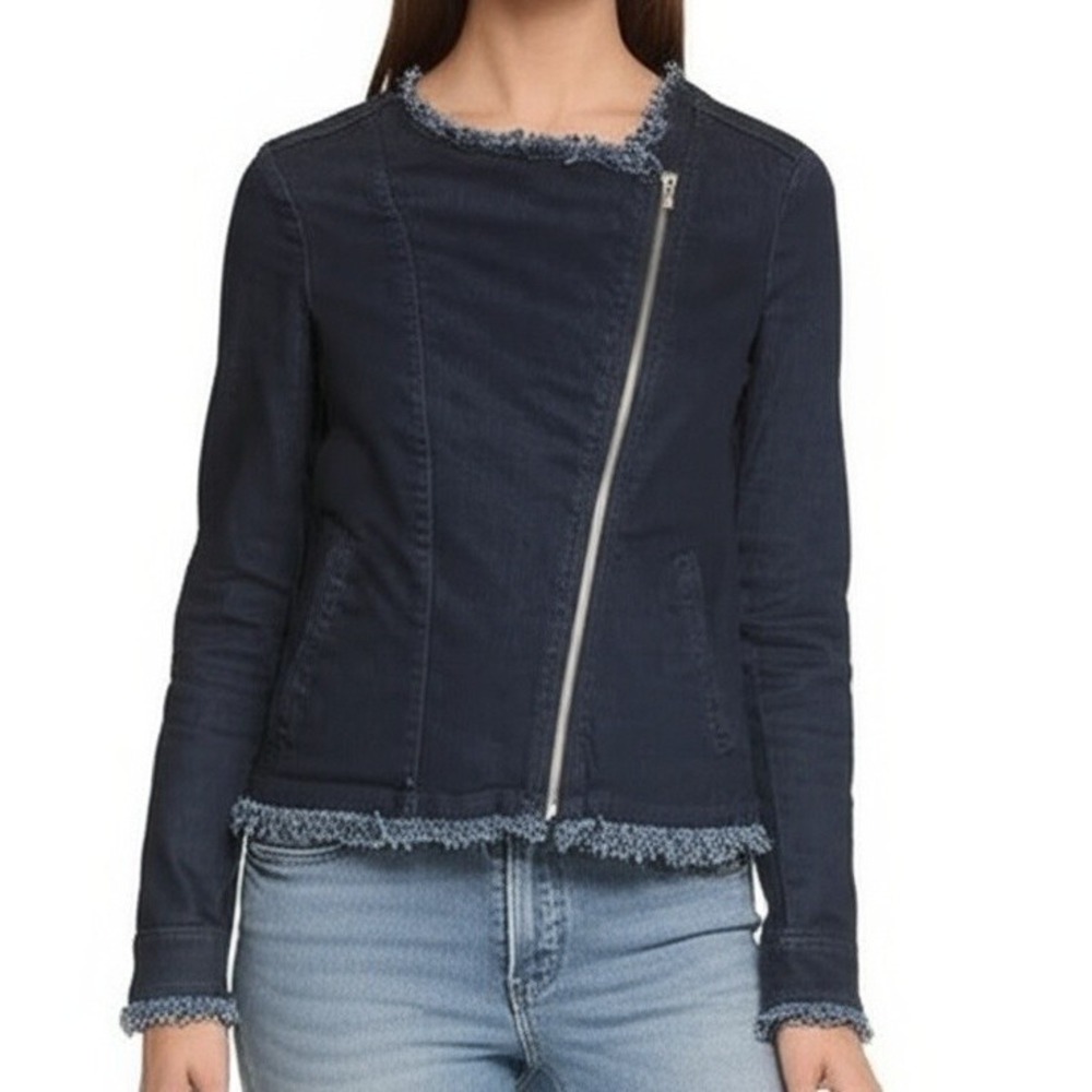 DG2 Diane Gilman Denim Jean Jacket Small Dark Blue Fringe‎ Trim Asymmetrical Zip
